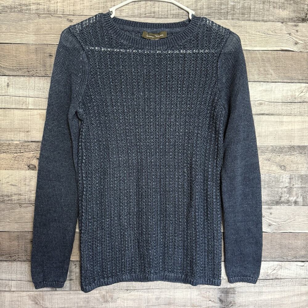 Tommy Bahama Women's Blue Linen Pullover Open Knit Crewneck Sweater XXS